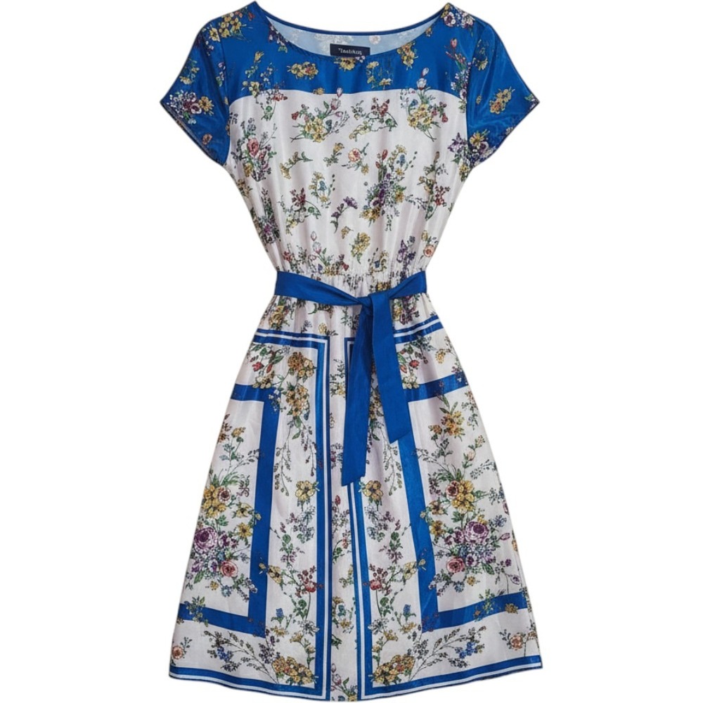 ModCloth Fit and Flare Dress Womens XL Blue White Floral Satin Scarf Print Sash